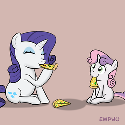 Size: 1000x1000 | Tagged: safe, artist:empyu, rarity, sweetie belle, pony, unicorn, g4, 30 minute art challenge, duo, eating, female, pizza, siblings, sisters
