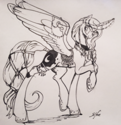 Size: 1500x1551 | Tagged: safe, artist:silfoe, princess luna, lunadoodle, g4, anklet, bracelet, braid, choker, female, grayscale, horn, horn jewelry, jewelry, looking back, monochrome, necklace, piercing, raised hoof, raised leg, saddle, sketch, smiling, solo, spread wings, tail wrap, traditional art, wing piercing