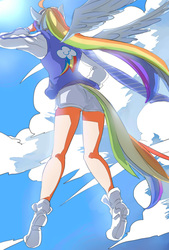 Size: 1181x1748 | Tagged: safe, artist:daikoku, rainbow dash, human, g4, behind, eared humanization, female, humanized, pixiv, solo, tailed humanization, winged humanization