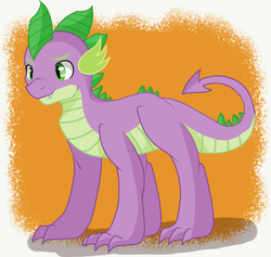 Size: 662x628 | Tagged: safe, artist:hikariviny, spike, g4, all fours, male, older, older spike, orange background, quadrupedal spike, simple background, solo