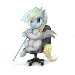 Size: 1024x1024 | Tagged: safe, artist:katemaximova, derpy hooves, pegasus, pony, g4, butterfly net, chair, cute, derpabetes, female, hoof hold, mare, net, office chair, palindrome get, simple background, sitting, smiling, solo, spread wings