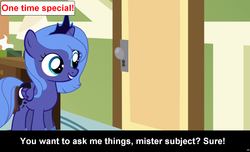 Size: 1600x973 | Tagged: safe, princess luna, alicorn, pony, comic:celestia's servant interview, g4, caption, cs captions, cute, female, filly, foal, interview, lunabetes, s1 luna, solo, woona