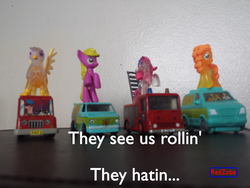 Size: 4128x3096 | Tagged: safe, berry green, carrot top, gilda, golden harvest, rarity, griffon, g4, blind bag, car, fireman sam, irl, jupiter, mystery machine, photo, postman pat, swag, they see me rollin', toy