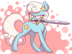 Size: 1280x975 | Tagged: dead source, safe, artist:nobody, serena, earth pony, pony, g4, trade ya!, alternate cutie mark, background pony, female, flower, flower in hair, mare, mouth hold, solo, sword, wrong cutie mark