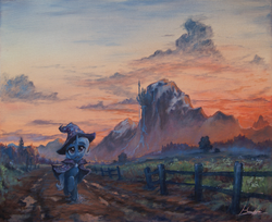 Size: 2636x2154 | Tagged: safe, artist:huussii, trixie, pony, unicorn, g4, canterlot, canterlot mountain, cloud, cloudy, dusk, female, fence, flower, high res, mare, mountain, oil painting, road, running, scenery, solo, sunset, traditional art, tree, twilight (astronomy), waterfall