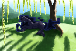 Size: 3048x2048 | Tagged: safe, artist:nadnerbd, oc, oc only, oc:nyx, alicorn, pony, backlighting, blurry background, butt, crying, ethereal mane, ethereal tail, female, folded wings, grass, high res, lighting, mare, nightmare nyx, plot, sad, shadows, slender, solo, starry mane, starry tail, tail, thin, tree, underhoof, wings