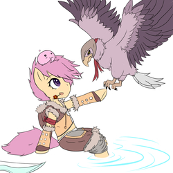 Size: 1024x1024 | Tagged: safe, artist:sagasshi, scootaloo, falcon, poring, semi-anthro, g4, clothes, crossover, duo, female, gamer scootaloo, ragnarok online, sniper