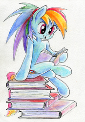 Size: 550x788 | Tagged: safe, artist:maytee, rainbow dash, semi-anthro, g4, alternate hairstyle, book, female, reading, sitting, solo, traditional art