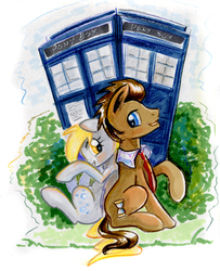 Size: 550x677 | Tagged: safe, artist:maytee, derpy hooves, doctor whooves, time turner, pegasus, pony, g4, doctor who, female, mare, sitting, tardis, traditional art