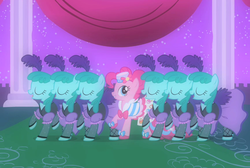 Size: 865x582 | Tagged: safe, screencap, pinkie pie, spring melody, sprinkle medley, g4, my little pony: friendship is magic, the best night ever, clone, clothes, dress, gala dress, saloon dress