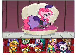 Size: 606x441 | Tagged: safe, edit, edited screencap, idw, screencap, apple bloom, applejack, babs seed, fluttershy, pinkie pie, rarity, g4, over a barrel, applejack is not amused, audience reaction, clothes, covering eyes, dress, puffy sleeves, saloon dress, saloon pinkie