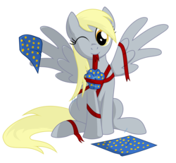 Size: 1500x1385 | Tagged: safe, artist:isegrim87, derpy hooves, pegasus, pony, g4, female, gift wrapped, mare, muffin, present, ribbon, solo, wink