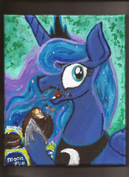 Size: 2550x3507 | Tagged: safe, artist:pwnyville, princess luna, g4, eating, female, high res, messy eating, moon pie, solo, traditional art