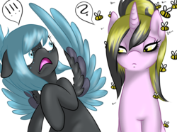 Size: 2056x1532 | Tagged: safe, artist:mondlichtkatze, oc, oc only, oc:blue nightsky, oc:marina honeybee, bee, do not want, duo