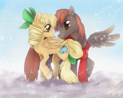 Size: 960x768 | Tagged: safe, artist:ambunny, oc, oc only, oc:kirarasprings, oc:winterlight, pegasus, christmas, couple, cute, holiday, love