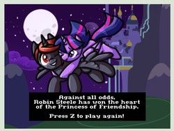 Size: 671x505 | Tagged: safe, artist:blitzprog, artist:britishmindslave, artist:pix3m, twilight sparkle, oc, oc:robin steele, alicorn, pony, g4, alicorn oc, canon x oc, canterlot, donut steel, flash game, game, pixel art, robin steele the waifu thief, twilight sparkle (alicorn)