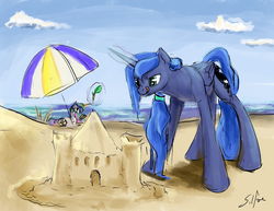 Size: 2000x1545 | Tagged: safe, artist:silfoe, princess celestia, princess luna, alicorn, pony, g4, :p, beach, determined, magic, ponytail, prone, reading, sandcastle, smiling, telekinesis, tongue out, wet, wet mane