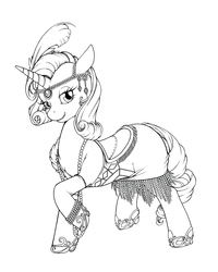 Size: 823x1029 | Tagged: safe, artist:longinius, rarity, g4, clothed ponies, clothes, female, flapper, grayscale, monochrome, saddle, solo