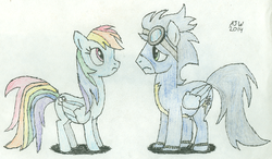 Size: 1756x1022 | Tagged: safe, artist:advocateofpants, rainbow dash, soarin', g4, female, male, ship:soarindash, shipping, straight, traditional art