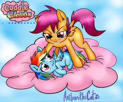 Size: 2434x2015 | Tagged: safe, artist:anibaruthecat, rainbow dash, scootaloo, comic:cuddle clouds, g4, age regression, age swap, cloud, cloudy, cotton candy cloud, crying, cute, dashabetes, dashabuse, female, filly, filly rainbow dash, high res, imminent foalcon, imminent rape, imminent sex, lesbian, metal gear, metal gear rising, older, older scootaloo, pink cloud, role reversal, scared, scrunchy face, ship:scootadash, shipping, this will end in tears, younger