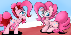 Size: 1280x639 | Tagged: safe, artist:madacon, pinkie pie, earth pony, pony, g4, colored pupils, comparison, female, mare, self ponidox, solo