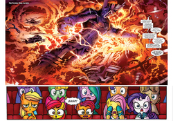 Size: 616x432 | Tagged: safe, edit, idw, apple bloom, applejack, babs seed, fluttershy, rarity, g4, spoiler:comic, applejack is not amused, audience reaction, comic, exploitable, galactus, marvel, new jersey
