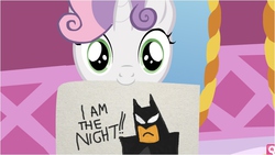 Size: 779x438 | Tagged: safe, sweetie belle, human, pony, unicorn, g4, approved, batman, coloring with sweetie belle, dc comics, exploitable meme, happy, i am the night, implied rarity, looking at you, meme, show accurate