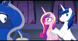 Size: 2700x1444 | Tagged: safe, artist:axcell1ben, princess cadance, princess luna, shining armor, g4, frown, magic, massage, sitting, straw, telekinesis, wide eyes