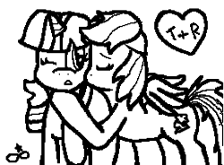 Size: 258x190 | Tagged: safe, artist:star-cannon, rainbow dash, twilight sparkle, g4, female, heart, kissing, lesbian, lineart, monochrome, ship:twidash, shipping