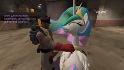 Size: 1280x720 | Tagged: safe, artist:firealucardjade, princess celestia, g4, 3d, comforting, cute, cutelestia, eyes closed, grin, medic, medic (tf2), petting, smiling, source filmmaker, squee, team fortress 2