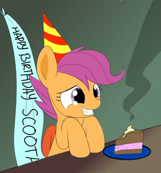 Size: 918x984 | Tagged: safe, artist:arcum42, artist:mcsadat, scootaloo, g4, alone, birthday, cake, colored, female, happy birthday to me, sad, scootalone, scootasad, solo