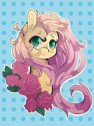 Size: 1200x1600 | Tagged: safe, artist:tomat-in-cup, fluttershy, pegasus, pony, g4, bust, eyebrows, female, flower, mare, polka dot background, portrait, rose, simple background, solo