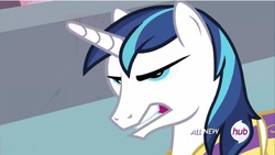 Size: 2860x1608 | Tagged: safe, screencap, shining armor, g4, twilight's kingdom, angry, frown, glare, gritted teeth, hub logo, hubble, male, rage, solo