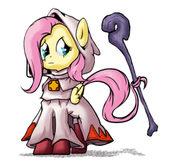 Size: 589x540 | Tagged: safe, artist:nun2artzy, fluttershy, g4, clothes, crossover, female, final fantasy, hood, prehensile tail, robe, simple background, solo, tail hold, white mage
