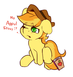 Size: 784x817 | Tagged: safe, artist:imspainter, braeburn, g4, appul, baby talk, book, colt, cute, floppy ears, looking up, male, open mouth, sad, sitting, solo, that pony sure does love apples, wink