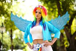 Size: 1600x1066 | Tagged: safe, artist:haruhiism, rainbow dash, human, g4, belly button, cosplay, irl, irl human, midriff, multicolored hair, photo, rainbow hair, solo
