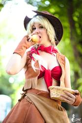 Size: 1066x1600 | Tagged: safe, artist:narga-chan, applejack, human, g4, 2014, apple, bandeau, cleavage, clothes, cosplay, cowboy vest, eating, female, food, gloves, irl, irl human, made in japan, midriff, photo, solo