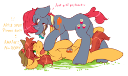 Size: 1280x763 | Tagged: safe, artist:imspainter, apple split, half baked apple, earth pony, pony, g4, apple family, apple family member, background pony, cute, duo, grin, male, mouth hold, nervous, on back, paint, paint on fur, paintbrush, simple background, stallion, transparent background
