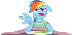 Size: 12314x6000 | Tagged: safe, artist:dasprid, rainbow dash, g4, read it and weep, absurd resolution, bed, eating, female, hospital, hospital gown, messy, simple background, solo, transparent background, vector