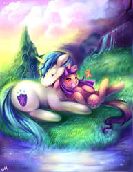 Size: 700x906 | Tagged: safe, artist:sukesha-ray, shining armor, twilight sparkle, butterfly, g4, blushing, brother and sister, cute, eyes closed, female, filly, grass, happy, legs in air, male, open mouth, prone, shining adorable, siblings, snuggling, twiabetes