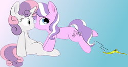 Size: 1280x678 | Tagged: safe, artist:arcum42, artist:mcsadat, diamond tiara, sweetie belle, earth pony, pony, unicorn, g4, accidental kiss, banana peel, colored, duo, female, filly, foal, gradient background, kissing, lesbian, missing accessory, ship:diamondbelle, shipping, surprise kiss