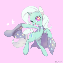 Size: 500x503 | Tagged: safe, artist:mlpanon, trixie, pony, g4, bipedal, cape, clothes, female, hat, looking at you, open mouth, smiling, solo, style emulation, trixie's cape, trixie's hat, wink