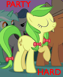 Size: 529x645 | Tagged: safe, edit, edited screencap, screencap, apple fritter, lyra heartstrings, meadow song, orion, shooting star (character), earth pony, pony, a canterlot wedding, g4, animated, apple family member, female, image macro, meme, party hard, solo, stomping