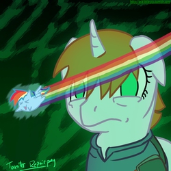 Size: 962x962 | Tagged: safe, artist:toasterrepairunit, rainbow dash, oc, oc:littlepip, pegasus, pony, unicorn, fallout equestria, g4, ask, ask-littlepip, blob, chubbie, clothes, fanfic, fanfic art, female, horn, jumpsuit, mare, simple background, tumblr, vault suit