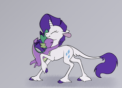 Size: 1715x1233 | Tagged: safe, artist:enma-darei, rarity, spike, classical unicorn, g4, duo, female, gray background, horn, leonine tail, male, rarity month, ship:sparity, shipping, simple background, straight