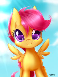 Size: 1500x2000 | Tagged: dead source, safe, artist:mrsremi, scootaloo, pegasus, pony, g4, cloud, colored pupils, crepuscular rays, cute, cutealoo, female, filly, looking at you, signature, sky, smiling, solo, spread wings, starry eyes, wingding eyes, wings