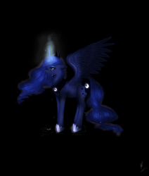 Size: 2200x2600 | Tagged: safe, artist:xkittyblue, princess luna, g4, crying, dark, female, glowing horn, high res, horn, magic, sad, solo