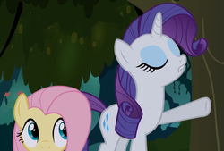Size: 1521x1027 | Tagged: safe, screencap, fluttershy, rarity, castle mane-ia, g4, eyes on the prize, looking at butt, soon, staring at flank
