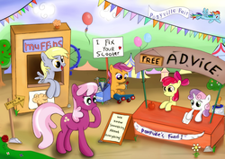 Size: 1160x820 | Tagged: safe, artist:milanoss, apple bloom, cheerilee, derpy hooves, rainbow dash, scootaloo, sweetie belle, earth pony, pegasus, pony, unicorn, g4, apple, balloon, crosscut saw, cutie mark crusaders, fair, female, filly, food, hammer, mare, saw, scooter, tools