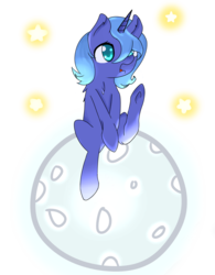 Size: 1024x1312 | Tagged: safe, artist:inkamena-less, princess luna, alicorn, pony, g4, cute, female, filly, frown, looking up, missing accessory, moon, no tail, open mouth, simple background, sitting, sitting on the moon, solo, stars, tangible heavenly object, transparent background, woona, young luna